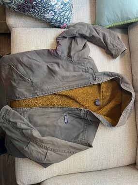 Patagonia Olive Hooded Jacket with Mustard Sherpa Lining